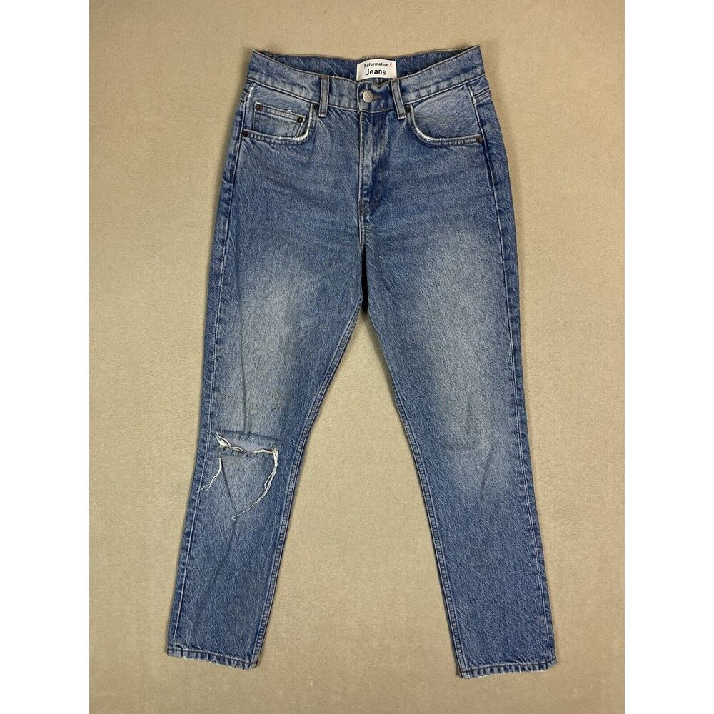 Reformation Jeans Womens 25 Blue Julia Crop High Rise Cigarette Distressed Denim